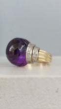 Load image into Gallery viewer, Carved Amethyst cocktail ring with diamond shoulders 14k