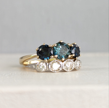Load image into Gallery viewer, Vivid blue and teal Australian sapphire trilogy in 9ct yellow gold