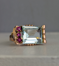 Load image into Gallery viewer, Retro c1940s Aquamarine and Ruby Tank ring by Crosby 14k Rose gold
