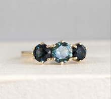 Load image into Gallery viewer, Vivid blue and teal Australian sapphire trilogy in 9ct yellow gold