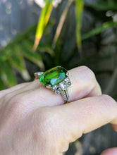 Load image into Gallery viewer, Neon Green Glass Bow ring in sterling silver c1930s