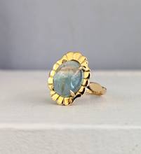 Load image into Gallery viewer, Aquamarine 'Lotus' droplet on 9ct yellow gold leaf ring c1970s