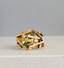 Load image into Gallery viewer, Brutalist c1970 diamond and emerald ring in 14ct yellow gold.