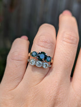 Load image into Gallery viewer, Bright Australian parti sapphire trilogy 9ct white and yellow gold
