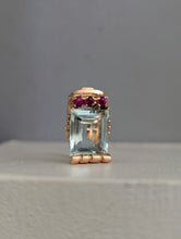 Load image into Gallery viewer, Retro c1940s Aquamarine and Ruby Tank ring by Crosby 14k Rose gold
