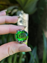 Load image into Gallery viewer, Neon Green Glass Bow ring in sterling silver c1930s
