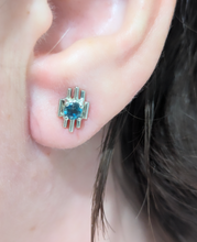 Load image into Gallery viewer, Brutalist Australian blue sapphire earrings c1970s 9ct white gold