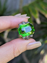 Load image into Gallery viewer, Neon Green Glass Bow ring in sterling silver c1930s