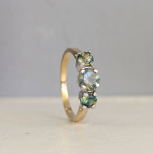 Load image into Gallery viewer, Green parti sapphire trilogy in 9ct yellow and white gold.