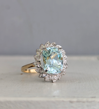 Load image into Gallery viewer, Aquamarine and diamond cluster halo c1990s in 9ct yellow and white gold