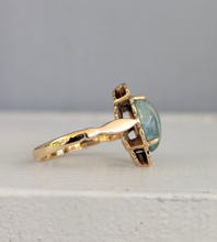 Load image into Gallery viewer, Aquamarine 'Lotus' droplet on 9ct yellow gold leaf ring c1970s