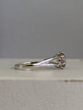 Load image into Gallery viewer, Primrose pink natural zircon in vintage high set 9ct white gold