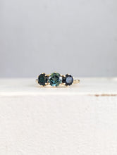 Load image into Gallery viewer, Vivid blue and teal Australian sapphire trilogy in 9ct yellow gold