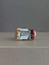 Load image into Gallery viewer, Retro c1940s Aquamarine and Ruby Tank ring by Crosby 14k Rose gold