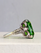 Load image into Gallery viewer, Neon Green Glass Bow ring in sterling silver c1930s