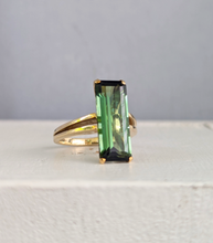 Load image into Gallery viewer, Sleek natural forest green & teal tourmaline in 9ct yellow gold c1970s