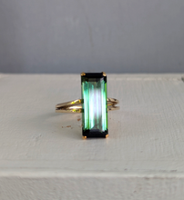Load image into Gallery viewer, Sleek natural forest green & teal tourmaline in 9ct yellow gold c1970s