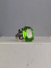 Load image into Gallery viewer, Neon Green Glass Bow ring in sterling silver c1930s