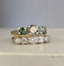Load image into Gallery viewer, Green parti sapphire trilogy in 9ct yellow and white gold.