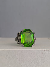 Load image into Gallery viewer, Neon Green Glass Bow ring in sterling silver c1930s