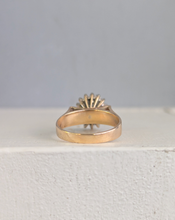 Load image into Gallery viewer, 1980s Halo ring with Teal sapphire and white spinel in 9ct yellow and white gold.