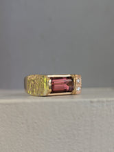Load image into Gallery viewer, Pink tourmaline & diamond brutalist signet in 9ct yellow gold