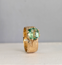 Load image into Gallery viewer, Vintage green tourmaline in wide acanthus engraved band 9ct