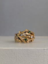 Load image into Gallery viewer, Brutalist c1970 diamond and emerald ring in 14ct yellow gold.