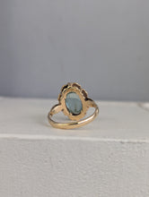 Load image into Gallery viewer, Aquamarine 'Lotus' droplet on 9ct yellow gold leaf ring c1970s