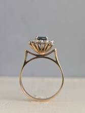 Load image into Gallery viewer, 1980s Halo ring with Teal sapphire and white spinel in 9ct yellow and white gold.