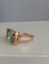 Load image into Gallery viewer, Retro c1940s Aquamarine and Ruby Tank ring by Crosby 14k Rose gold