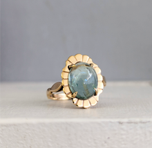 Load image into Gallery viewer, Aquamarine 'Lotus' droplet on 9ct yellow gold leaf ring c1970s
