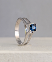 Load image into Gallery viewer, Brilliant blue Australian sapphire in an high artful 9ct white gold ring