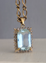 Load image into Gallery viewer, 1960s Aquamarine & diamond pendant in 9ct yellow gold.