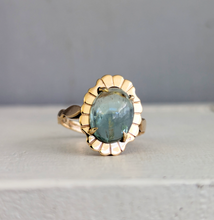 Load image into Gallery viewer, Aquamarine 'Lotus' droplet on 9ct yellow gold leaf ring c1970s