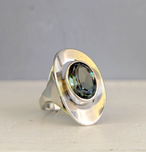 Load image into Gallery viewer, Shield maiden mid century green spinel ring in silver