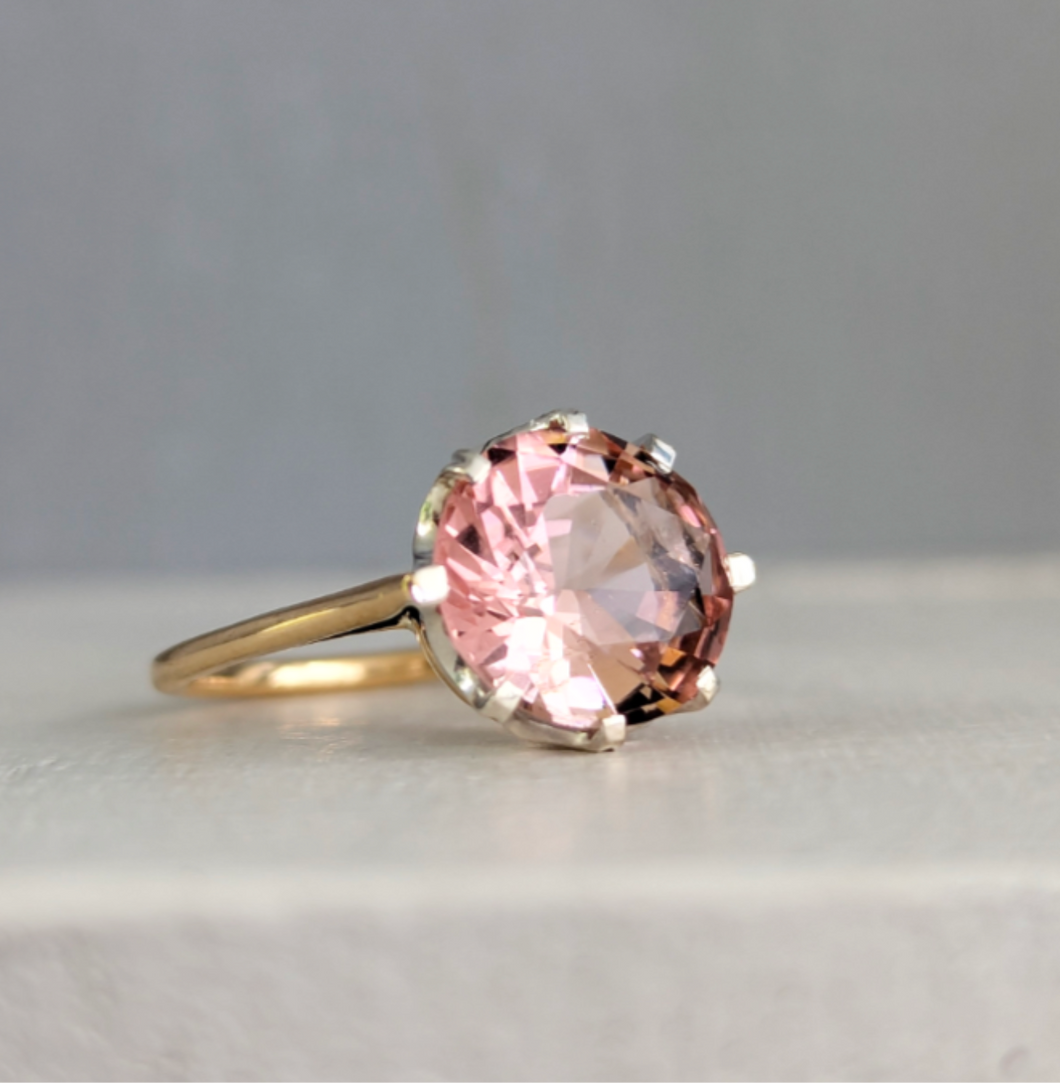 Baby pink natural tourmaline in vintage 9ct yellow and white gold