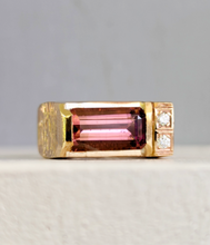 Load image into Gallery viewer, Pink tourmaline &amp; diamond brutalist signet in 9ct yellow gold
