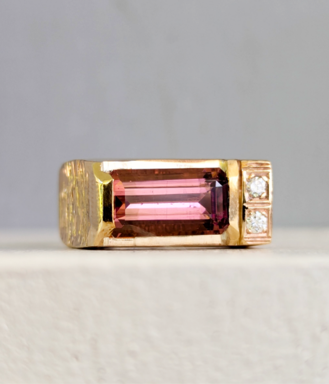 Pink tourmaline & diamond brutalist signet in 9ct yellow gold
