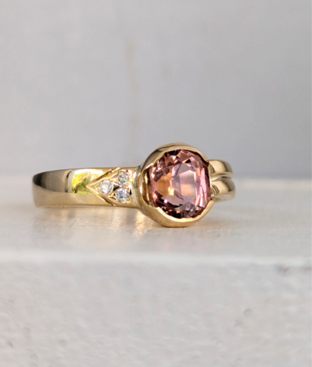 Vintage pink tourmaline and diamonds in 9ct yellow gold