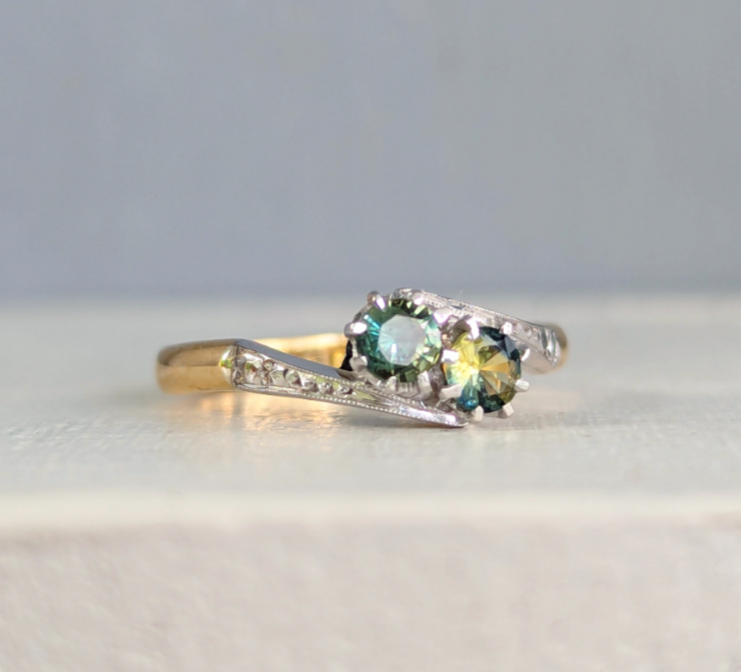 Art Deco Toi et Moi Ring 18ct with parti sapphires