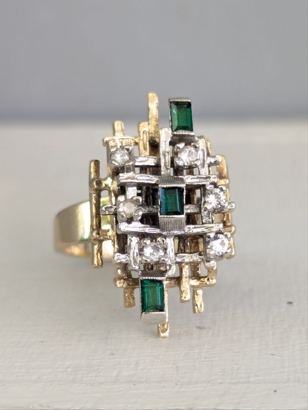 Brutalist Emerald dream boat c1970s 9ct yellow and white gold.