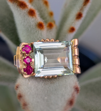 Load image into Gallery viewer, Retro c1940s Aquamarine and Ruby Tank ring by Crosby 14k Rose gold
