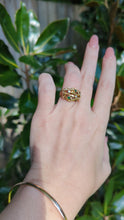 Load and play video in Gallery viewer, Brutalist c1970 diamond and emerald ring in 14ct yellow gold.
