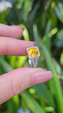 Load and play video in Gallery viewer, Natural bright yellow sapphire &amp; diamond Art Deco ring 18ct white gold
