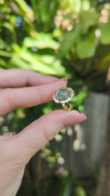Load and play video in Gallery viewer, Aquamarine &#39;Lotus&#39; droplet on 9ct yellow gold leaf ring c1970s
