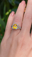 Load and play video in Gallery viewer, Natural bright yellow sapphire &amp; diamond Art Deco ring 18ct white gold
