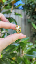 Load and play video in Gallery viewer, Brutalist c1970 diamond and emerald ring in 14ct yellow gold.
