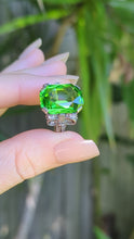 Load and play video in Gallery viewer, Neon Green Glass Bow ring in sterling silver c1930s

