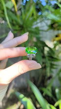 Load and play video in Gallery viewer, Neon Green Glass Bow ring in sterling silver c1930s
